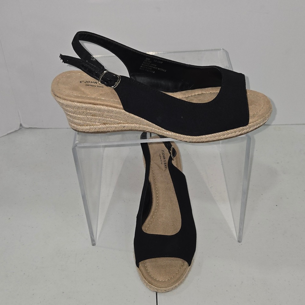 St Johns Bay SJB Lindy Black Wedge Sandal Memory Foam Espadrille 9M 106-1682